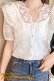 Summer V Neck Lace Shirt Fashion Short Sleeve Ruffle Stitching Sweet Women Tops with Suspenders Korean Crochet Blouse