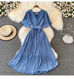 Fongt New V-Neck Short-Sleeved Dress Over Knee-Repaired Lady's Waist Tie Mid-Slap Dress
