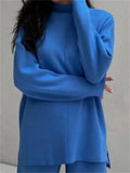 Women Knitted Suit Warm Solid Split Pullovers and Wide Pants Two-piece Suit Female Half Turtleneck Oversize Tracksuit-Outfit