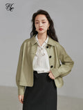 Polo Collar Full Drop Sleeve Leather Jacket Loose Short Straight Jacket Office Lady Solid Single Breasted