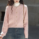 Fongt Spring And Autumn New Loose Short Sweater Jacket Korean Twist Round Collar Knit Cardigan Woman-Outfit