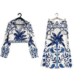 Fongt New Women's V-Neck Long-Sleeved Half-Dress Retro Print Early Spring Lazy Casual Fashion Set