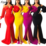 Solid Corset Dress Elegant Strapless Off Shoulder Long Lantern Sleeve Pleated High Split Bodycon Maxi Evening Party