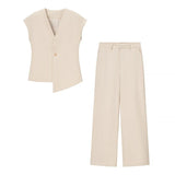 Fongt New V-Neck Asymmetric Vest Simple Jump Trouser Suit