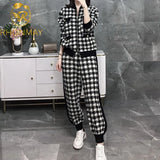 Women Fall Knit Sweatshirts Suit Knitted Tracksuit Houndstooth Black 2 Piece Set Zipper Plaid Cardigan Coats Pants Two Piece