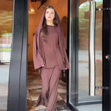 Fongt New Women's Long-Sleeved Casual Solid-Colored Loose Long Dress Comfortable Set