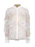 Fongt 2024 New Fashion Lapel Heavy Industry Organza Embroidery Three-Dimensional Flower Sequin Splice Design Sense Shirt-Outfit