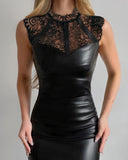 Lace Black Leather Dress Sexy Waist Slim Evening Dress Long Dress-Outfit