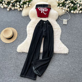 Fongt A Female Summer Dress Sexy Hottie Letter Embroidered Sleeveless Chest Vest High-Waisted Denim Casual Broad Leggings