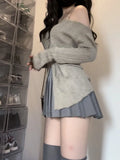 Simple Off Shoulder Slim Fit Knitted Pullover+ Y2k E-Girl High Waist Ruched Skirts 2024 Autumn New Two Piece Sets-Outfit