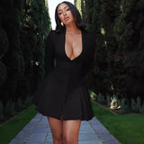 Fongt Women's Autumn And Winter Explosion Of Pure Color Long Sleeves Sexy Deep V-Neck Suit Dress Woman