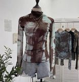 Fongt Shooting Denim Pattern Dye Printing Retro Babes Thin Mesh T-Shirt High-Necked Long Sleeve Bottom Shirt Top 9950