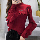 Solid Color Ruffles Spliced Shirt Spring Autumn Slim Basic Half High Collar Female Clothing Chic Diamonds Knitted Blouse-Outfit