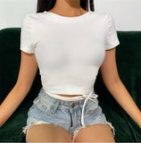 Backless Tee Tops Women ladies Short sleeve Bandage Tie up Solid Basic Pullover O Neck T Shirts Club Streetwear Crop