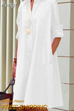 Down Collar Lady Solid Office Dress Elegant Women Club Party Pockets Dresses Casual Patchwork Long Sleeve Loose Waist