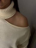 Fongt Enter The High-Collar Shoulder Sweater Unique Asymmetric Design Gentle Apricot Gray Color Optional Autumn And Winter Atmosphere