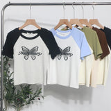 Retro Printed Short-Sleeved T-Shirt Women's Short-Coln High-Waisted Body Shirt