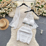 Fongt Wearing A Holiday Style Suit Female Retro Hook Hanging Neck Vest + Hollow Open Shirt + Half-Dress Three-Piece Set