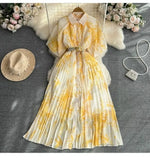 Fongt Style Retro Temperament Short-Sleeved Clapping Single-Dran A-Word Print 100-Fold Shirt Dress Summer
