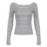 Fongt Cloth Forgets The Oblique Shoulder Stripes Thin Slim Long-Sleeved T-Shirt Sexy Bare Shoulders Simple Thin Casual Top