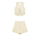 Fongt Women's 2025 Spring New Fashioned Colored Flax-Blend Vest + Shorts Set