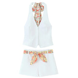 Fongt Women's Explosive Print Thin Scarf Ornament Hanging Neck Top High Waist Shorts Set