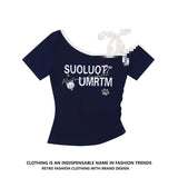Fongt Oblique Shoulder Lace Sling Short-Sleeved Woman Design Small Sweet Short T-Shirt Girl Irregular Top