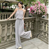 Fongt Photo Striped Neck Vest Wide Leg Pants Suit Female Ins Style Korean Version Fashion Two Set-Outfit