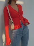Fongt Women's Elegant V-Neck Lotus Leaf Side Details Knitted Cardigan Sweater With Buttons