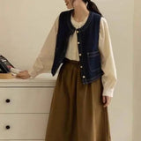 Fongt Retro Denim Vest Women Spring And Autumn Folding Waist Coat Outside A Small Design Feel Shoulder Clip