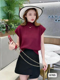 Fongt Summer New Shoulder Sleeve Short-Sleeved Knitted Women's Sleeveless Half-Necked Bottom Shirt Lightly Cooked Wind Ice Silk