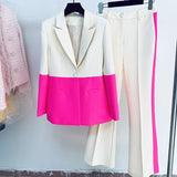 QUALITY Newest 2023 Designer Runway Set Women's Star Style Single Button Color Block Blazer Flare Pants