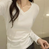 Style Ins Solid Color V-Collar Long-Sleeved Bottomed T-Shirt For Women In Autumn And
