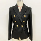 Fall Winter 2023 Designer Blazer Jacket Women's Lion Metal Buttons Double Breasted Synthetic Leather Blazer