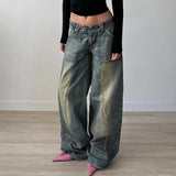To Make Old Irregular Split Line Pocket Jeans Low-Waisted Spicy Girls Loose Casual Wide-Legged Pants-Outfit