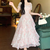 Fongt French Gentle Fairy Floral Collar Dress Women Summer Fat Mm Waist Thin Temperament Elegant Dress