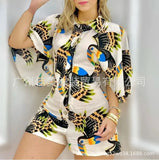 New Printed Lapel With A Row Of Buttons, Middle-Sleeved Shirt And One-Piece Trousers From Stock-Outfit