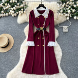 Fongt Small Fragrant Style Trendy Collar Long Sleeve Metal Double Buckle Waist Thin Temperament Knitted Dress