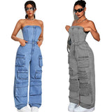 Fongt Women's Denim Cloth Jumpsuit Women's Fashion Babes Breasts Multi-Pocket Work Pants