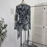 Fongt Print Double-Layer Mesh Long-Sleeved Top Design Feel Irregular Ribbon-Up T-Shirt 99981