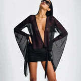 Black Mesh Low Cut Long Sleeve Mini Dress Beach Cover-Outfit