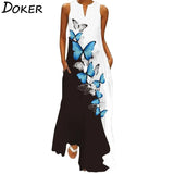 Printed Sleeveless Maxi Dress Women Casual V-neck Robe Dresses Female Plus Size Beach Holiday