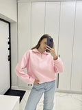 Fongt Women's Casual Half-Zip Embroidery Loose Long-Sleeved Eds
