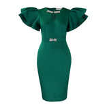 Fongt Summer Round Collar Lotus Sleeves Nailed Diamond Bag Hip Dress Party Party Emptiness Dress