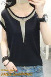 Women Knitted T Shirt Bright Silk Patchwork Short Sleeve Tshirt Tops Korean Fashion Womens Clothing Summer 2023 Tee Shirt