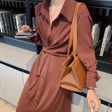 French Temperament High Waist Slim Criss-cross Shirt Dress Women Turn-Down Collar Single-Breasted Long Vestidos