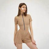 Fongt New Women's Round Collar Solid Color Short Sleeve Zipper Short Jumpsuit Dress