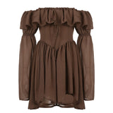 Beach Style Solid Chiffon Dress Slim Ruffles Slash Neck Off Shoulder Flare Sleeve A-Line Mini Dresses For Women