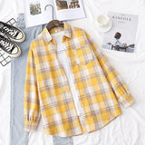 New Women Vintage Flannel Plaid Shirt Pockets Full Sleeve Turn Down Collar Loose Blouse Spring Female Casual Basic