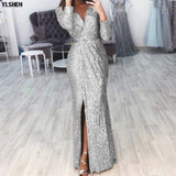Evening Party African Dresses for Women Plus Size Glitter Long Sleeve Peplum Vestidos Africa Clothing Maxi Dress Elegant